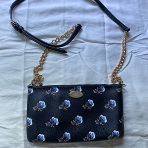 Coach Bramble Rose Quinn Gold Chain Black Leather Crossbody Shoulder Purse Bag